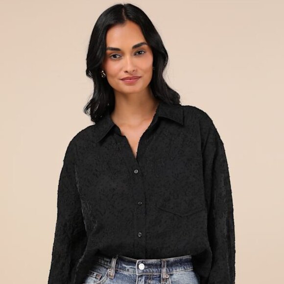 Lulus Composed Concept Black Burnout Clip Dot Oversized Button-up Top - Size XL - Picture 1 of 3